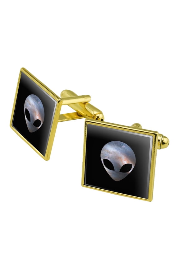 Alien Head in Space Square Cufflink Set - Silver or Gold