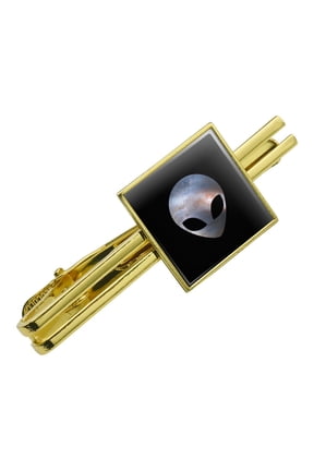 Alien Head in Space Square Tie Bar Clip Clasp Tack- Silver or Gold