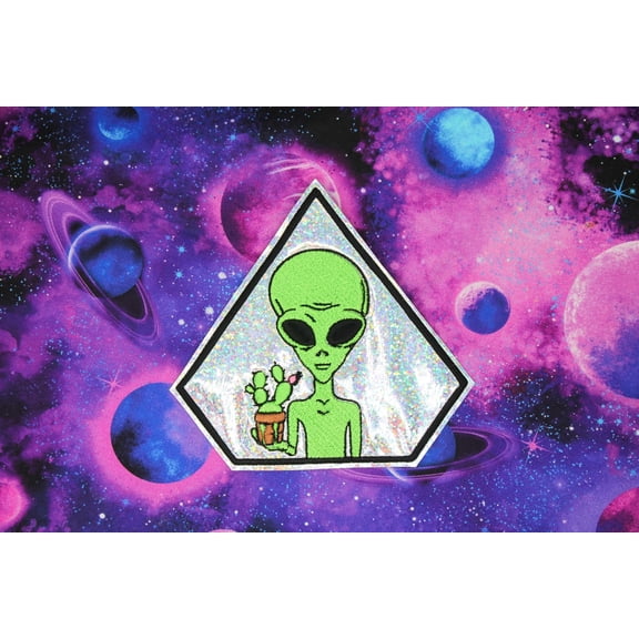 Alien Holding Cactus Plant Holographic Glitter Vinyl Iron On Embroidered Patch