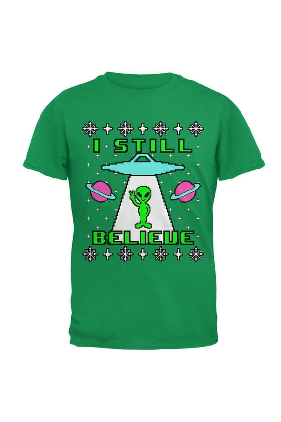 Alien I Still Believe Ugly Christmas Sweater Mens T Shirt Irish Green 2XL