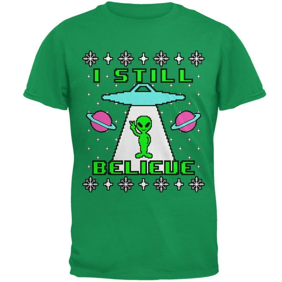 Alien I Still Believe Ugly Christmas Sweater Mens T Shirt Irish Green 3X-LG