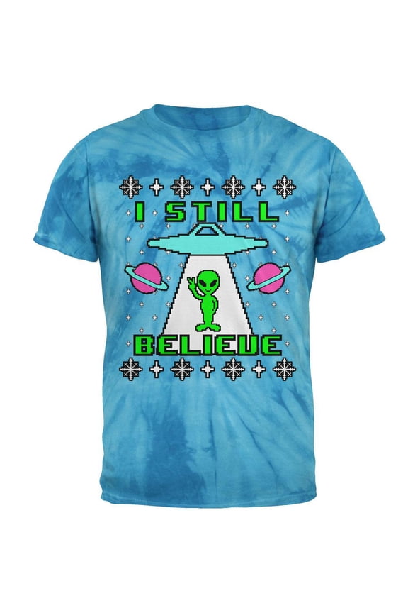 Alien I Still Believe Ugly Christmas Sweater Mens T Shirt Pinwheel Blue Tie Dye X-LG