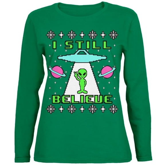 Alien I Still Believe Ugly Christmas Sweater Womens Long Sleeve T Shirt Green SM