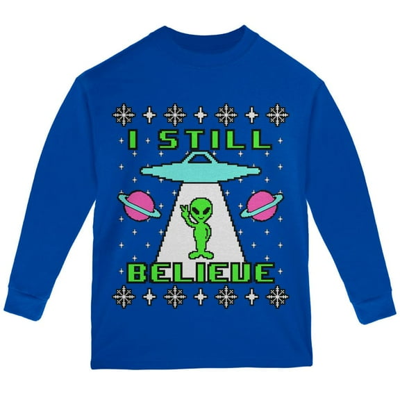 Alien I Still Believe Ugly Christmas Sweater Youth Long Sleeve T Shirt Royal YLG