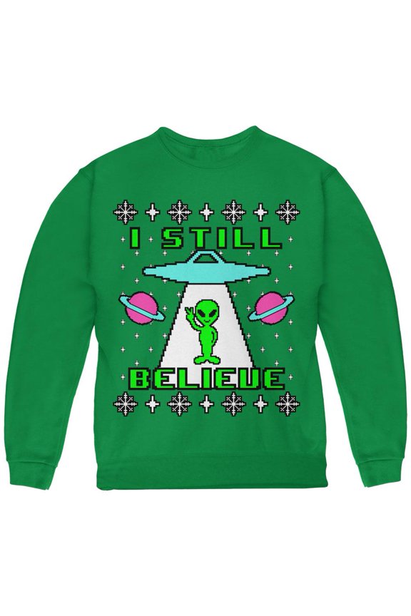 Alien I Still Believe Ugly Christmas Sweater Youth Sweatshirt Green YMD