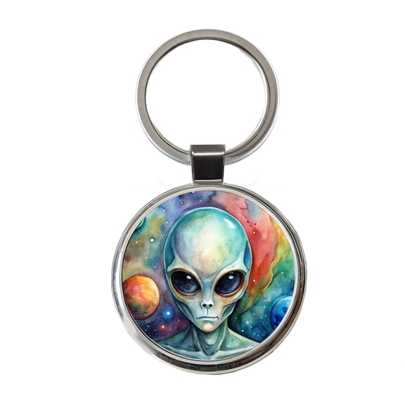 Alien In Space Watercolor Metal Round Keychain