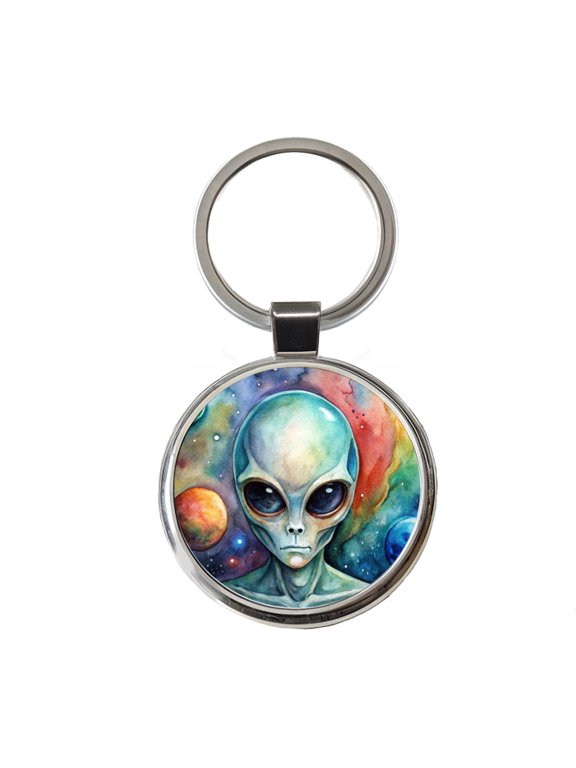 Alien In Space Watercolor Metal Round Keychain