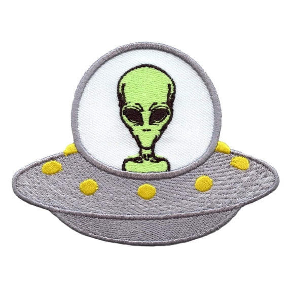 Alien In UFO Ship Embroidered Iron On Patch