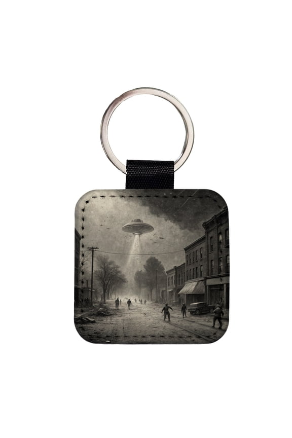 Alien Invasion Found Footage Black and White Faux Leather Square Keychain