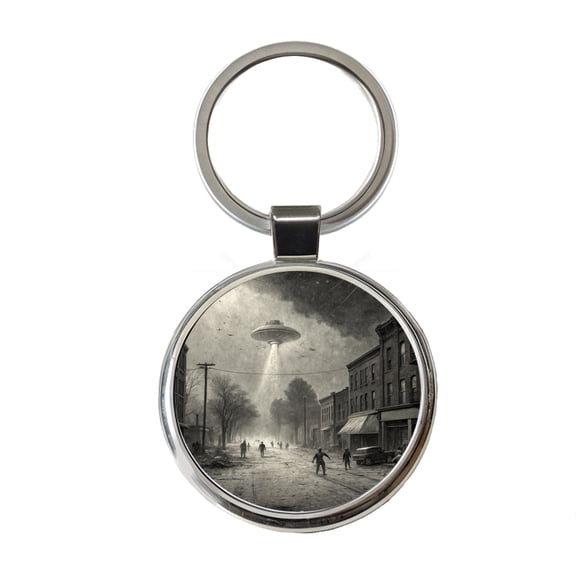 Alien Invasion Found Footage Black and White Metal Round Keychain