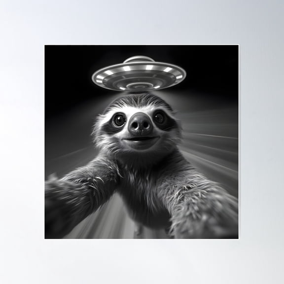 Alien Invasion Sloth Selfie - Quirky B&W Ufo Art | Slow-Mo Chaos Poster Wall Art, Modern Wall Decor For Living Room Bedroom, 30x30 UNFRAMED