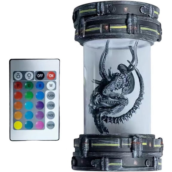 Alien Lamp with Remote Control, 16 Color Changing Sci-Fi Decor Night Light, Resin Alien Figurine in Futuristic Cylinder for Bedroom, Game Room, Halloween, Christmas Gift