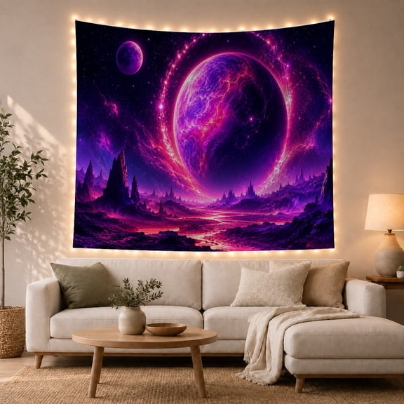 Alien Landscape with Glowing Planet and Cosmic Haze, Dramatic Surreal for Space Lovers, Outer Space Wall Art, Housewarming Gift, Tapestry Wall Hanging for Living Room and Bedroom