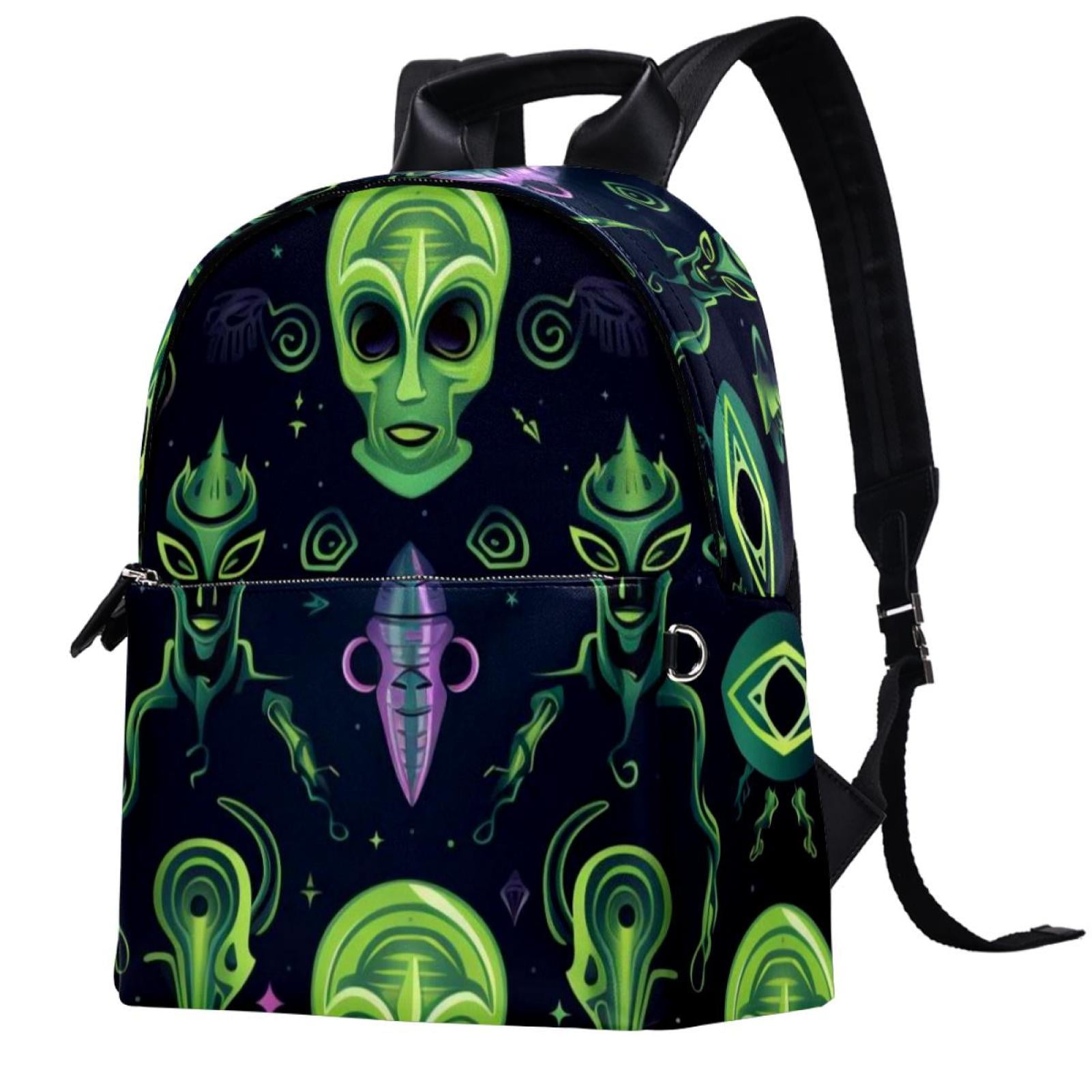 Alien Leather Book Bag with Printed Design, Adjustable Straps, Large
