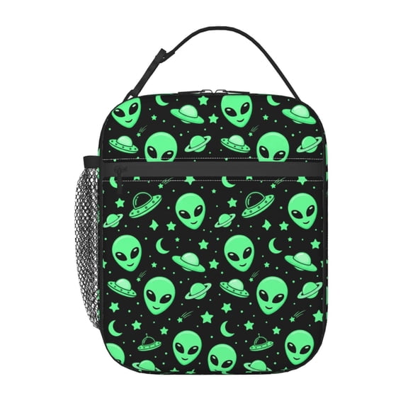 Alien Lunch Bag, Cute Green Alien Design Insulated Lunch Tote, Reusable Cooler Bag For Work Commuting And Travel