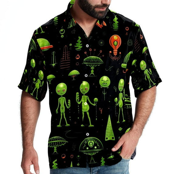 Alien Men's Casual Printed Button Down Short Sleeve Poplin Hawaiian Beach Shirt with Spread Collar Tops