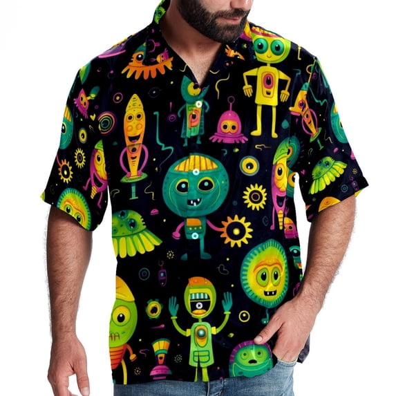 Alien Men's Casual Short Sleeve Button Down Shirts - Printed Summer Beach Tops for Men and Women