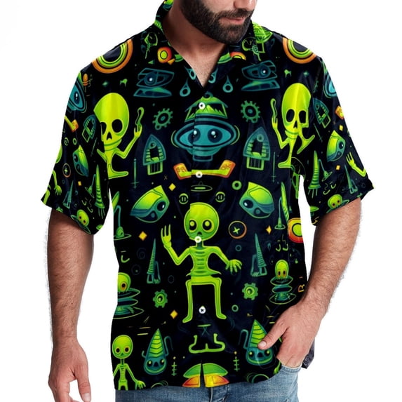 Alien Men's Casual Spread Collar Hawaiian Short Sleeve Button Down Summer Beach Tops