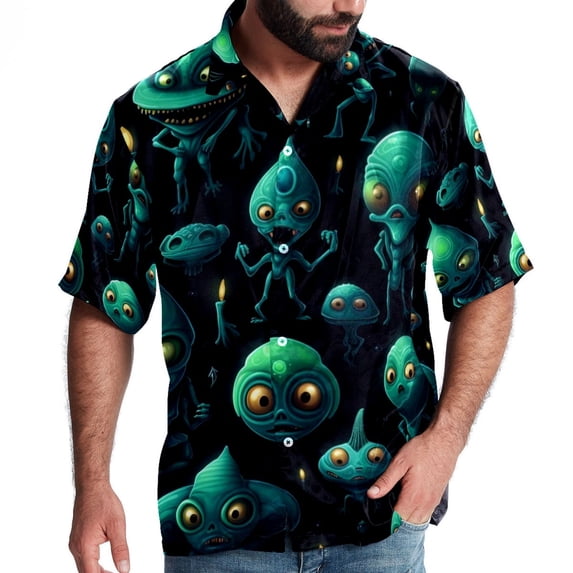 Alien Men's Hawaiian Printed Short Sleeve Button Down Casual Beach Shirt's, Unisex