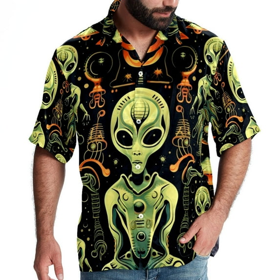 Alien Men's Short Sleeve Beach Shirts, Casual Button Down Poplin Printed Summer Tops - Unisex