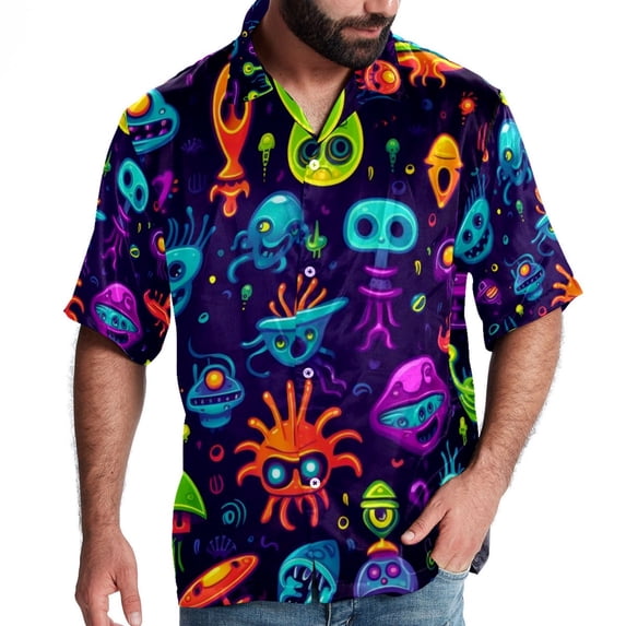 Alien Men's Short Sleeve Button Down Hawaiian Shirts for Summer Beach Casual Printed Style