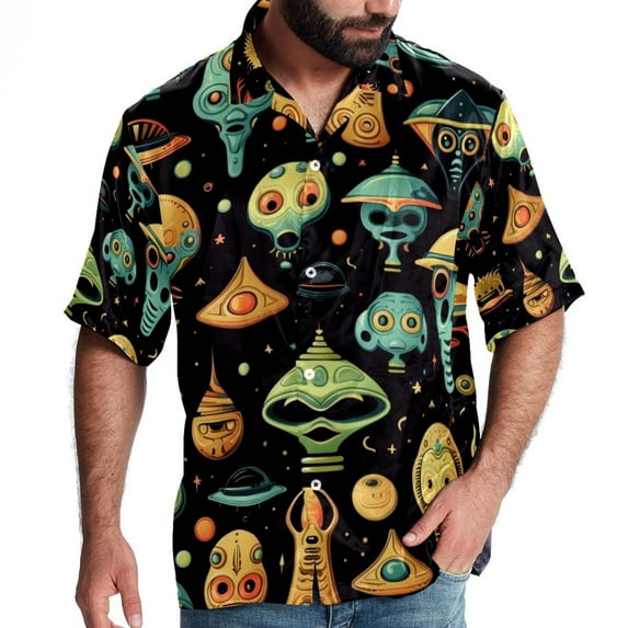 Alien Men's Short Sleeve Button Down Poplin Hawaiian Shirt for Summer Beach, Casual Printed Unisex Style