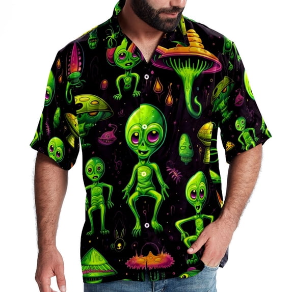 Alien Men's Spread Collar Tops, Casual Button Down Shirts for Summer Beach, Printed Short Sleeve Shirts - Unisex