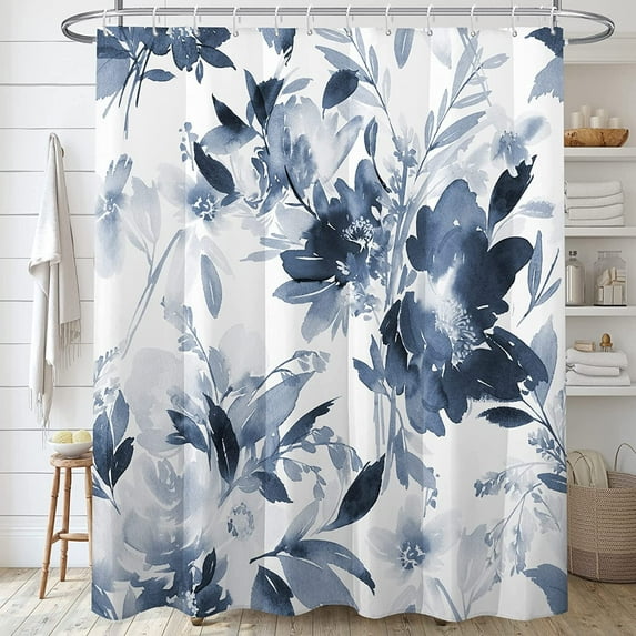 Alien Meow Aqua Blue Ink Flowers Polyester Shower Curtain, 72" x 72" Waterproof