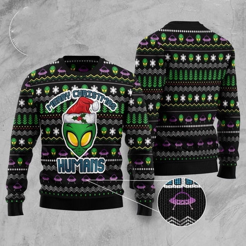Alien Merry Christmas Humans 3D Christmas Sweater, Funny Xmas Sweater ...