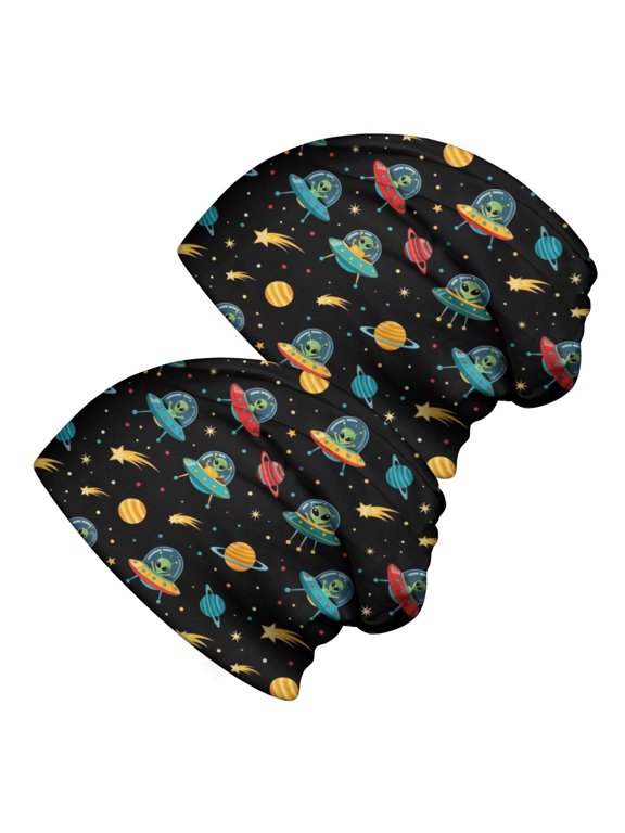 Alien and Meteor Black Pattern 2 Pack Slouchy Beanie Hat, Casual Daily Beanie with Stretchy Fabric & Soft Texture, Lightweight Flexible Gifts for Unisex Men Women