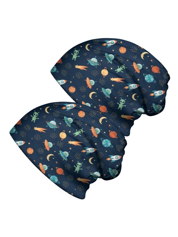 Alien Meteor Deep Blue Pattern 2 Pack Slouchy Beanie Hat, Warm Winter Skull Cap with Stretchy Fabric & Soft Texture, Warm Thermal Gifts for Unisex Men Women