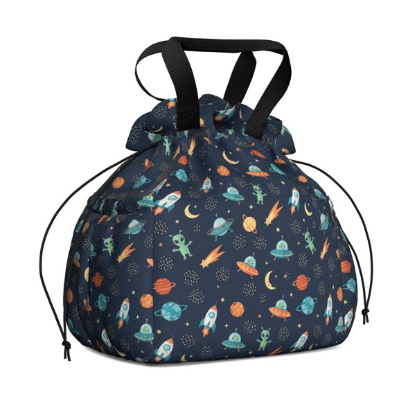 Alien Meteor Deep Blue Pattern Drawstring Insulated Lunch Bag for Women, Stain-Resistant Large Lunch Tote with Multi-Pockets for Work Office