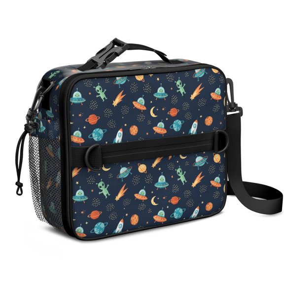 Alien Meteor Deep Blue Pattern Insulated Lunch Bag with Shoulder Strap and Bottle Holder,Bento School Lunch Bag Box,11x9.5x3.5 Inches
