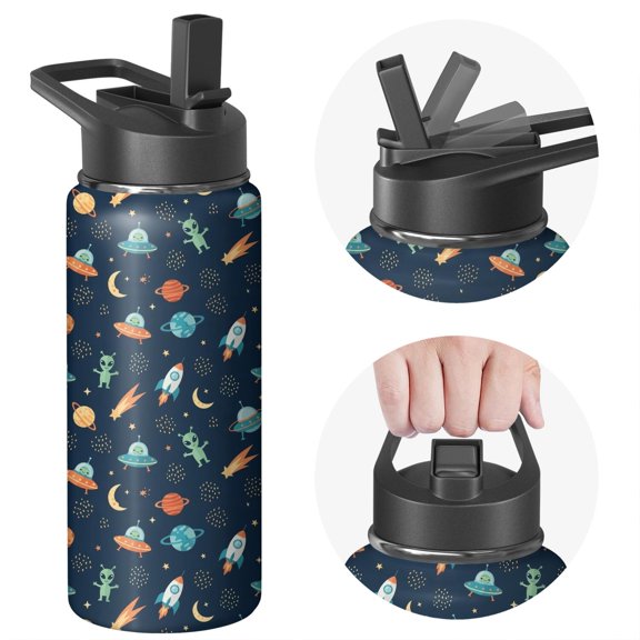 Alien Meteor Deep Blue Pattern Insulated Water Bottle with Straw, Vacuum Insulated Vacuum Thermal Flask 304 Stainless Steel Inner Liner Gifts Ideas for Teens Adults Office Workers Teachers