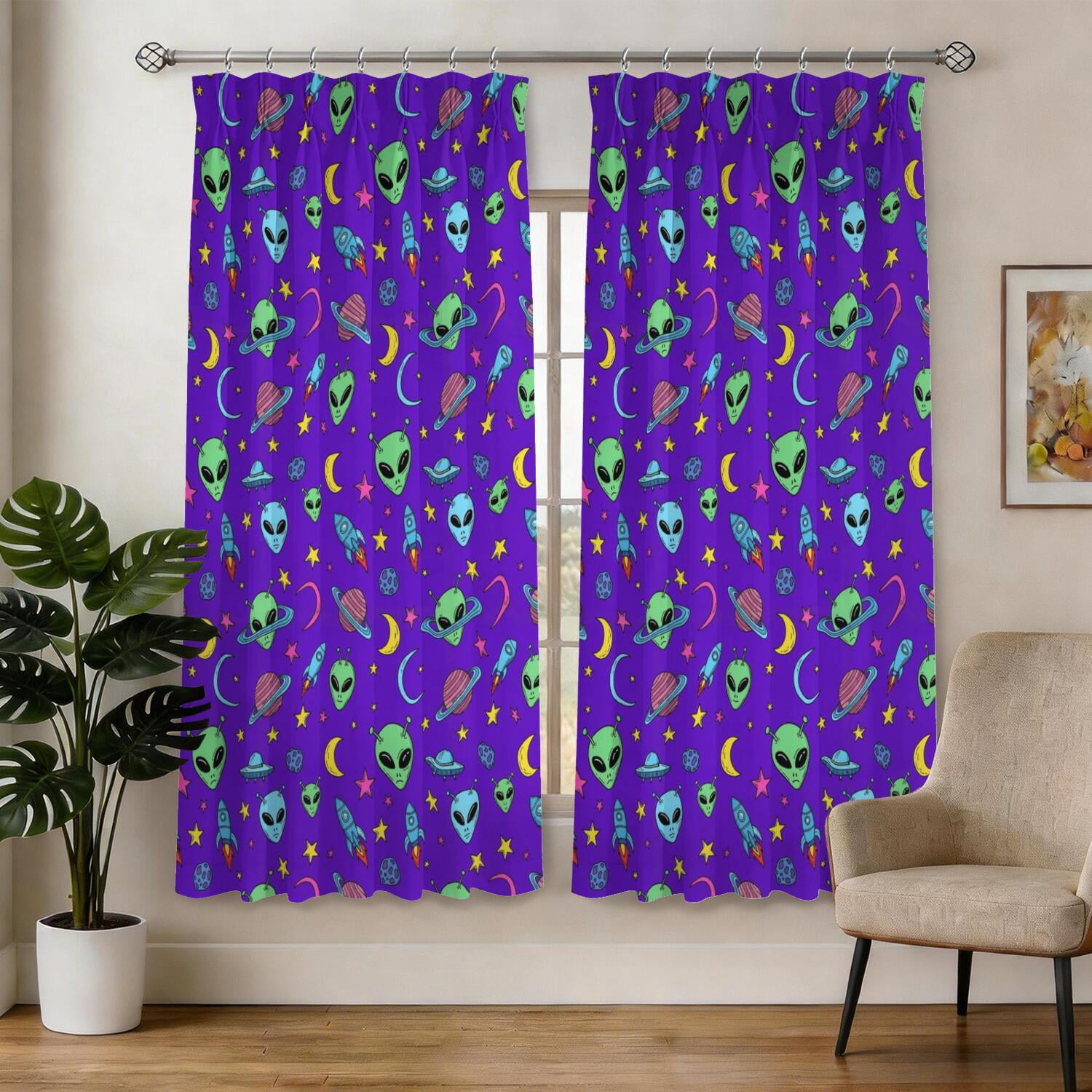 Alien Moon Purple Pattern Pinch Pleated Blackout Curtains, Room ...