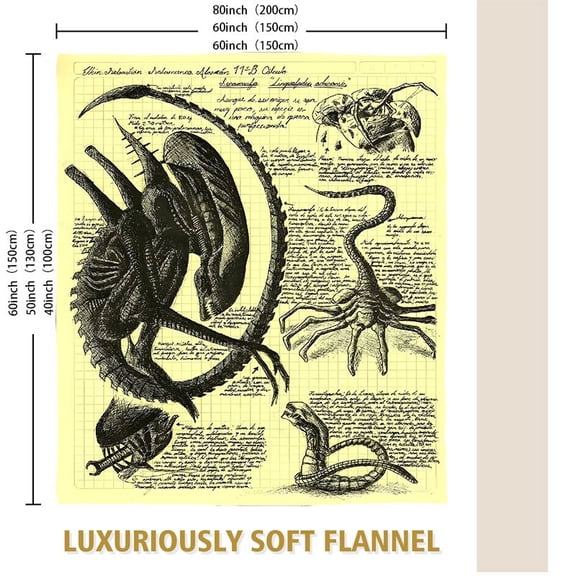 Alien Movie Fleece Blanket (1979 Original) - Xenomorph & Facehugger Sci-Fi Creature Art - Soft Flannel Bedspread Suitable for Bed, Sofa, Travel - Gift for Fans