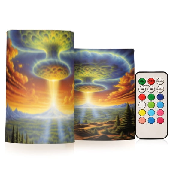 Alien Mushroom Cloud Flickering Flameless Candles Battery Operated with Remote Timer LED Pillar Candles Set of 2
