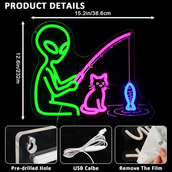 Alien Neon Sign for Wall Decor, Fishing Alien Led Signs for Bedroom, USB Dimmable Cat Neon Lights for Game Room Man Cave Beer Bar Home Pub Party Gift for Kids Boys