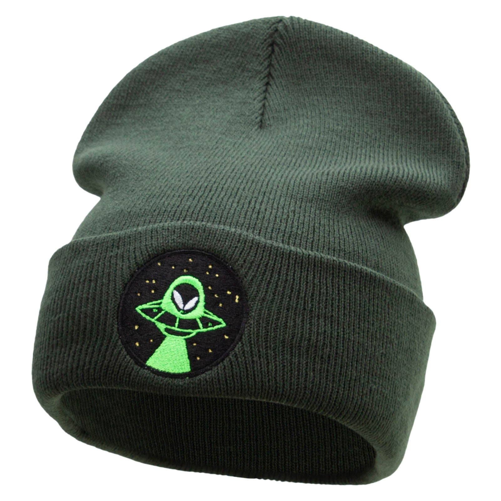 Alien Night Life Embroidered 12 Inch Long Knitted Beanie - Olive OSFM ...
