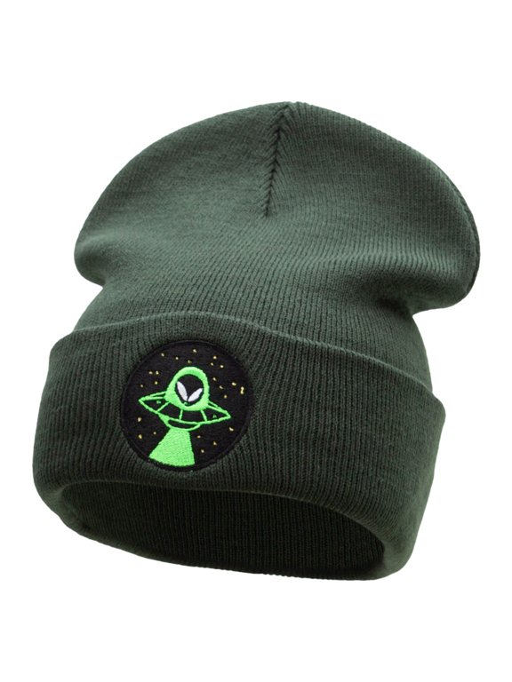 Alien Night Life Embroidered 12 Inch Long Knitted Beanie - Olive OSFM