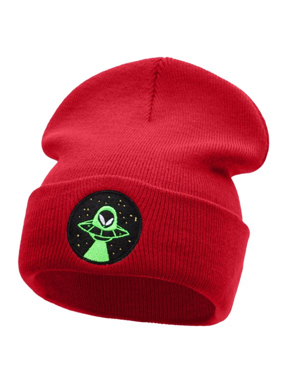 Alien Night Life Embroidered 12 Inch Long Knitted Beanie - Red OSFM