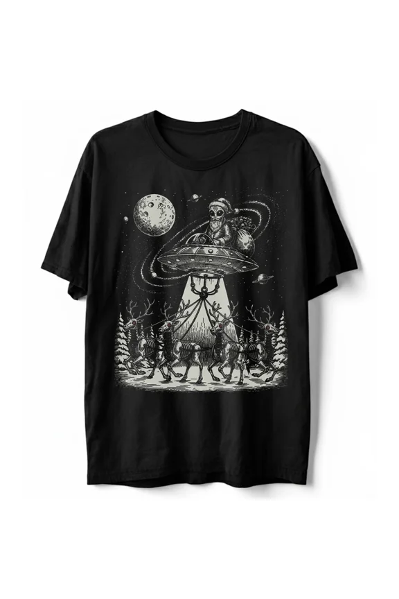 Alien Old Man UFO Abducting Skeleton Reindeer Funny Christmas Sci-Fi Gift Unisex T-Shirt, up to Size 5XL