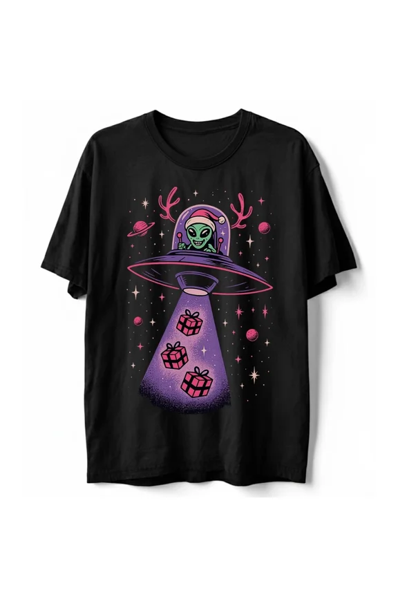 Alien Old Man UFO Christmas Funny Sci-Fi Holiday Reindeer Xmas Graphic Unisex T-Shirt, up to Size 5XL