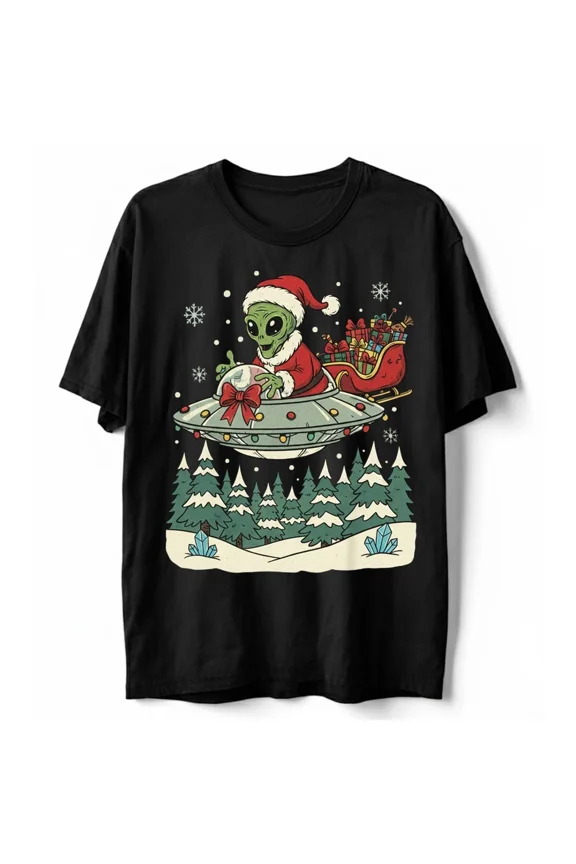 Alien Old Man UFO Sleigh Funny Xmas Sci-Fi Holiday Xmas Gift Graphic Unisex T-Shirt, up to Size 5XL