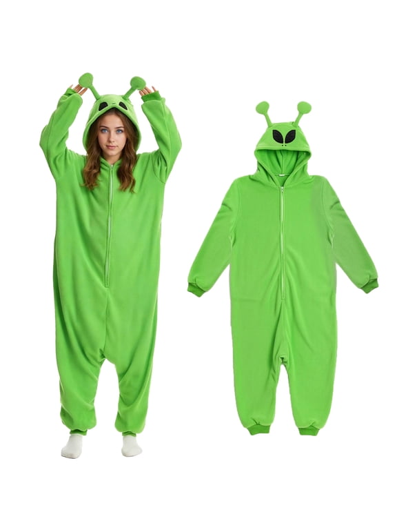 Alien Onesie Pajamas Adult Flannel One-Piece Hooded Jumpsuit with Zipper Halloween Cosplay Outfit