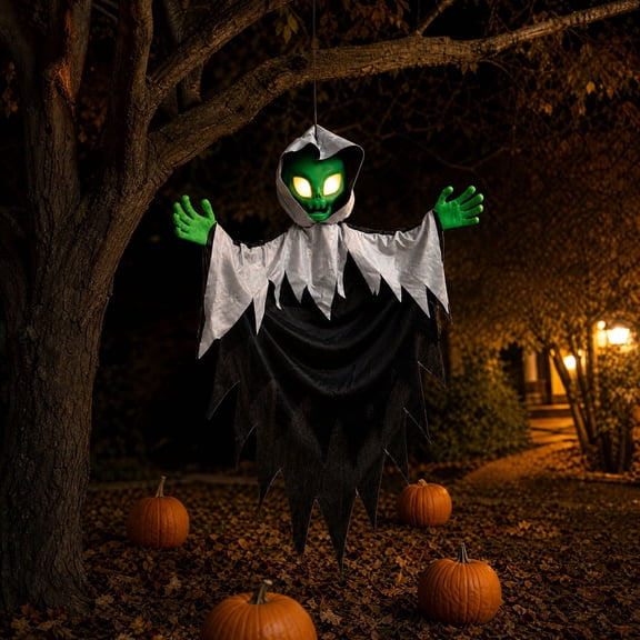Alien Ornament, Creates Glowing Horror Scene with LED Eyes, Halloween Prop, High-Brightness Glowing Effect and Classic Sci-Fi Alien Shape for Porch Display, Yard Decoration, and Party Backdrop.