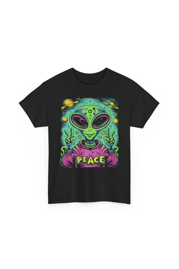 Alien Peace Funny Humorous UFO Space Novelty Graphic Tee Unisex T-Shirt, up to Size 5XL