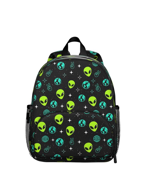 Alien Peace Sign Black Pattern Backpack for School, Cute School Bag with Adjustable Shoulder Straps and Padded Back, 13.8"x11.4"x6"
