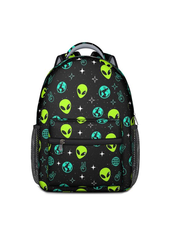 Alien Peace Sign Black Pattern Backpack for School, Cute School Bag with Adjustable Shoulder Straps and Padded Back, 15.3"x11"x6.7"