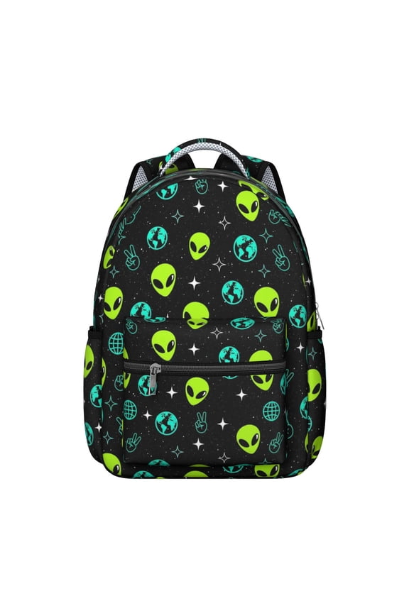 Alien Peace Sign Black Pattern Backpack for School, Cute School Bag with Adjustable Shoulder Straps and Padded Back, 15.3"x11"x7.1"